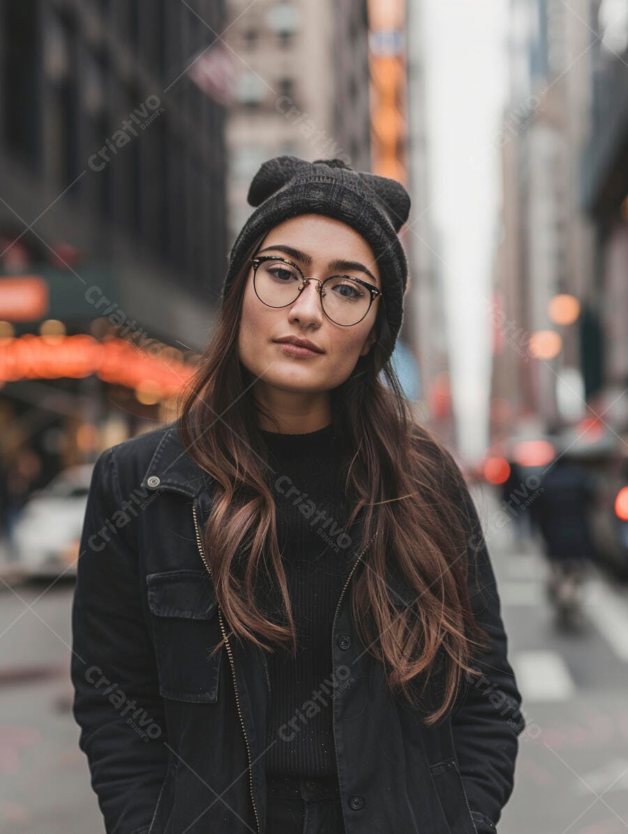 Mulher jovem usando óculos e gorro na cidade