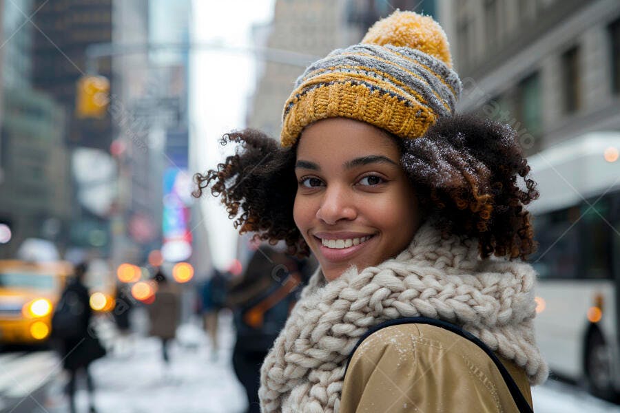 Mulher sorrindo em dia de neve em Nova York