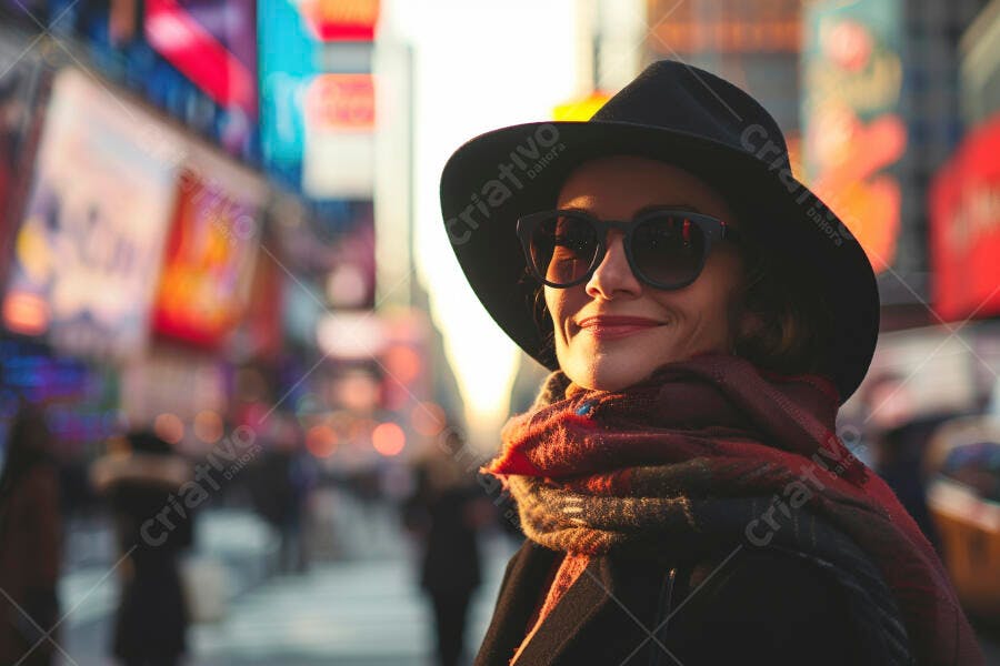 Mulher sorridente em Times Square Nova York