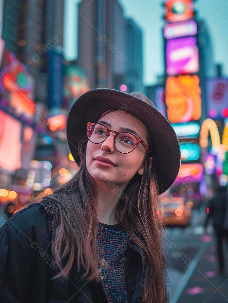 Mulher jovem em Times Square à noite