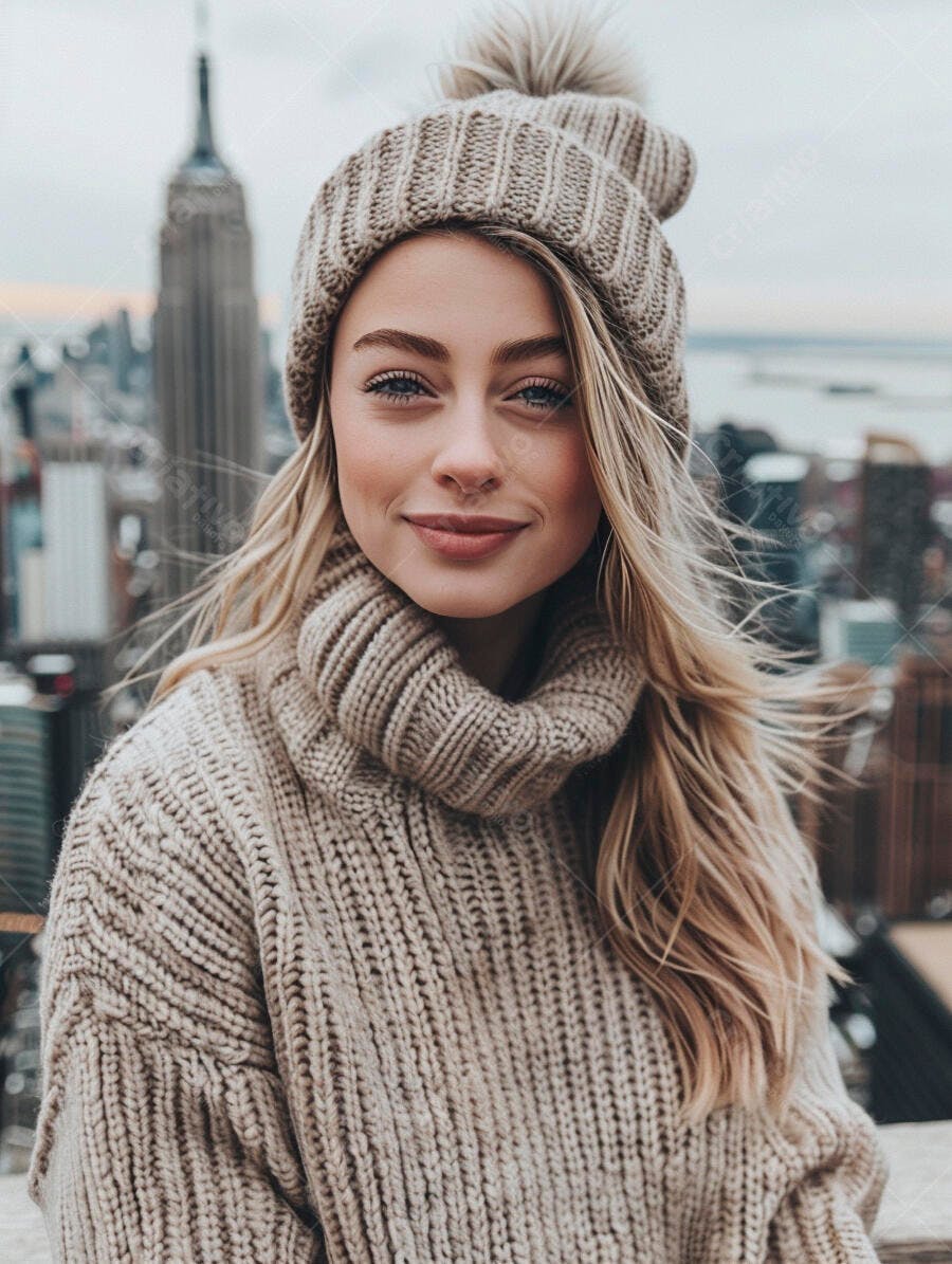 Modelo loira com gorro e suéter bege em Nova York