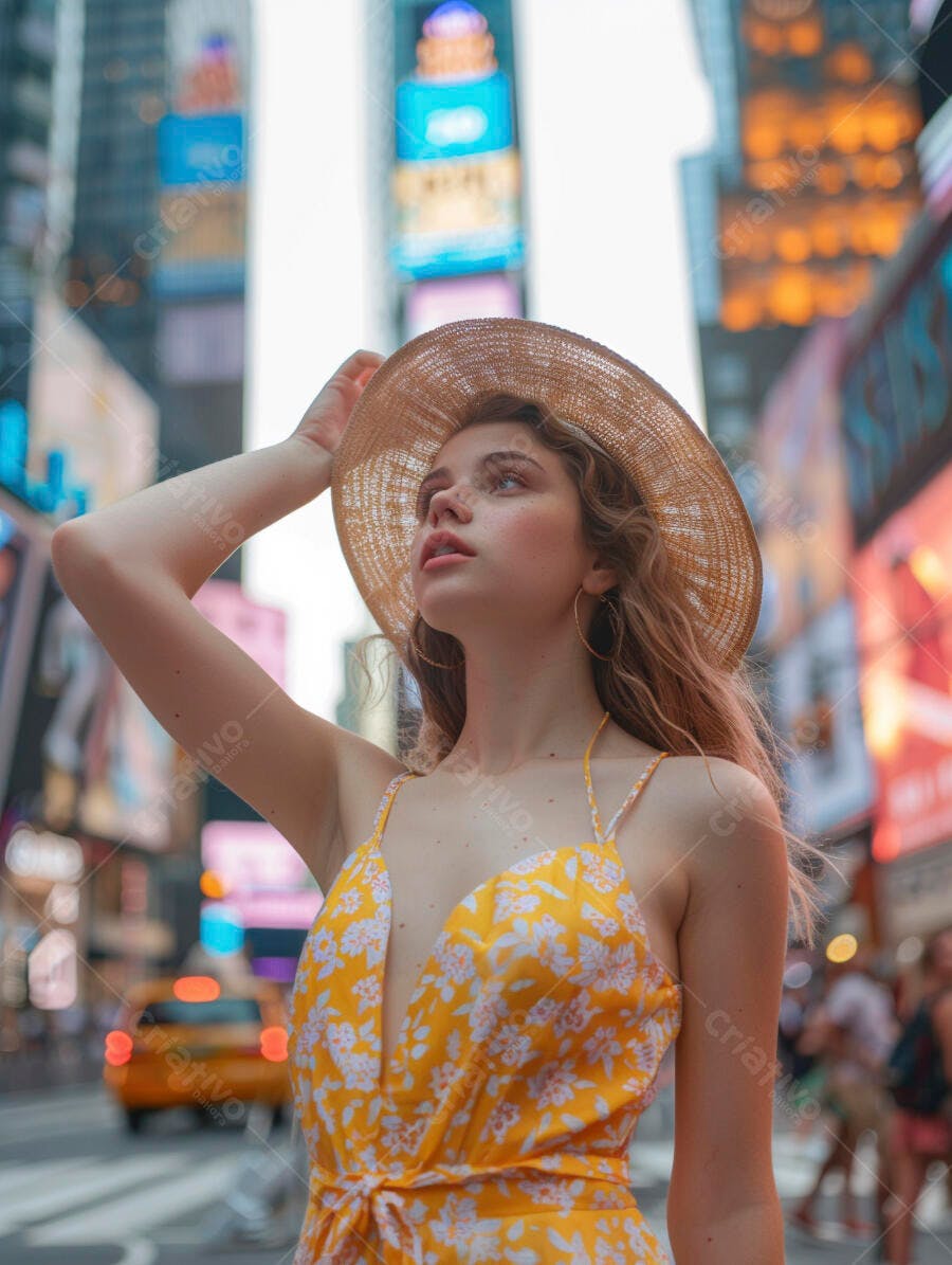 Mulher em vestido amarelo na Times Square