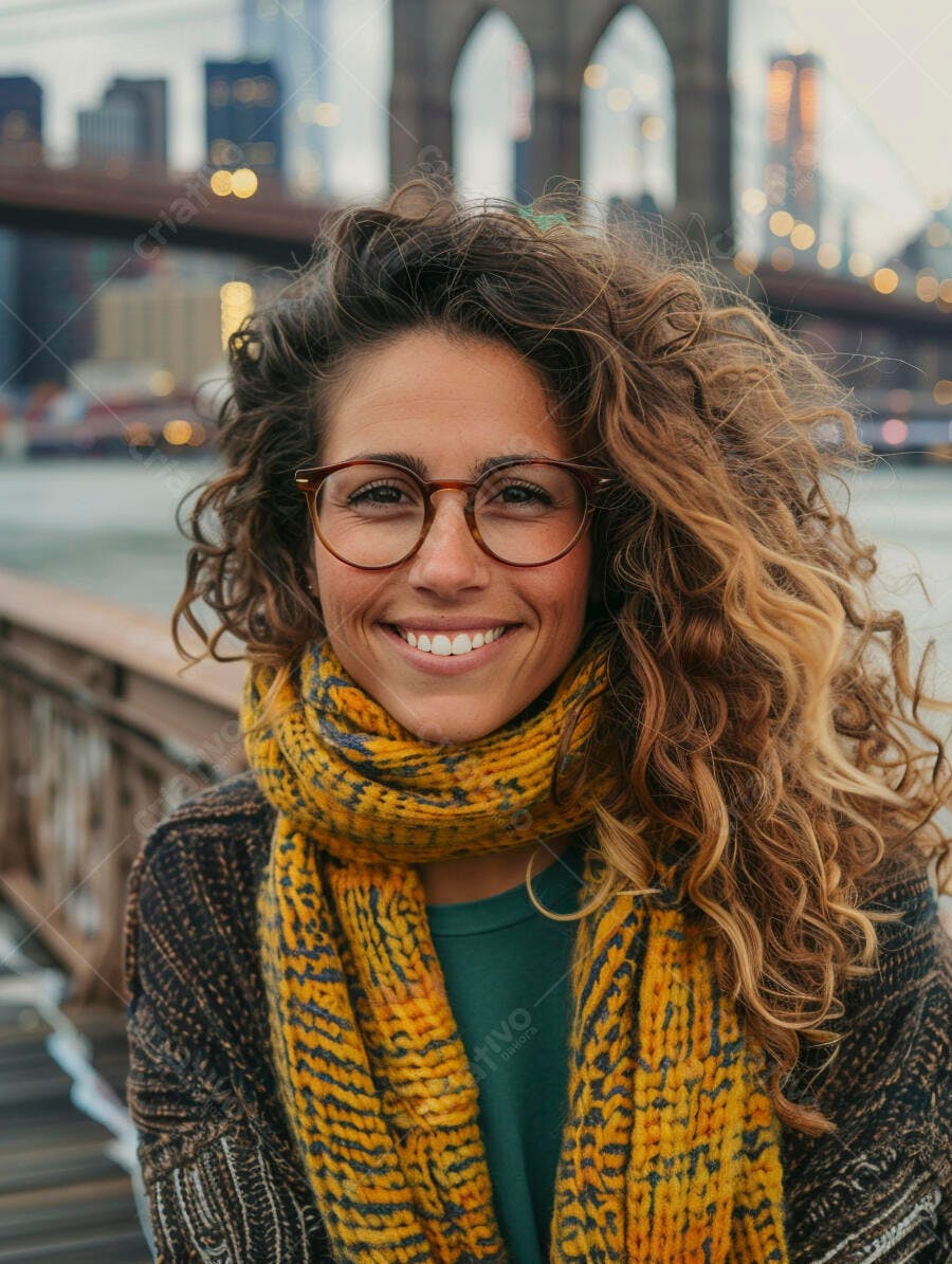 Mulher sorridente com cachecol amarelo em Nova York