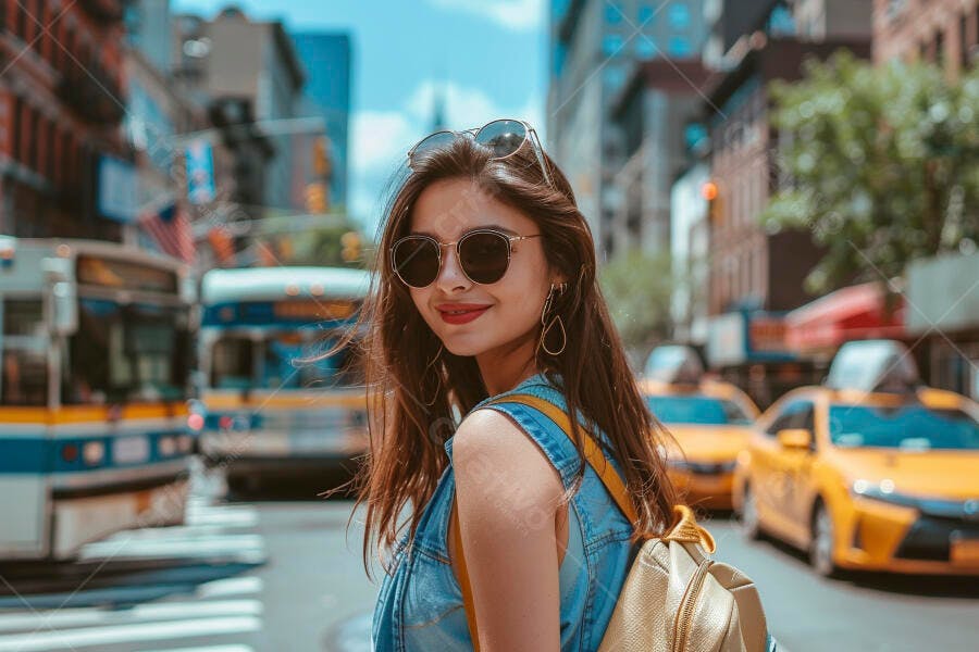 Moça com óculos escuros em rua de NY