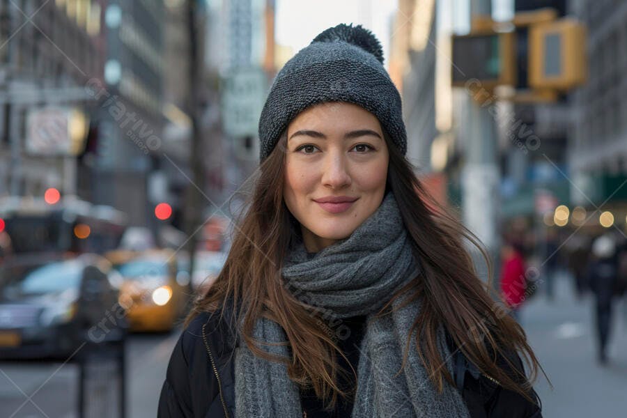 Mulher jovem em rua de Nova York no inverno