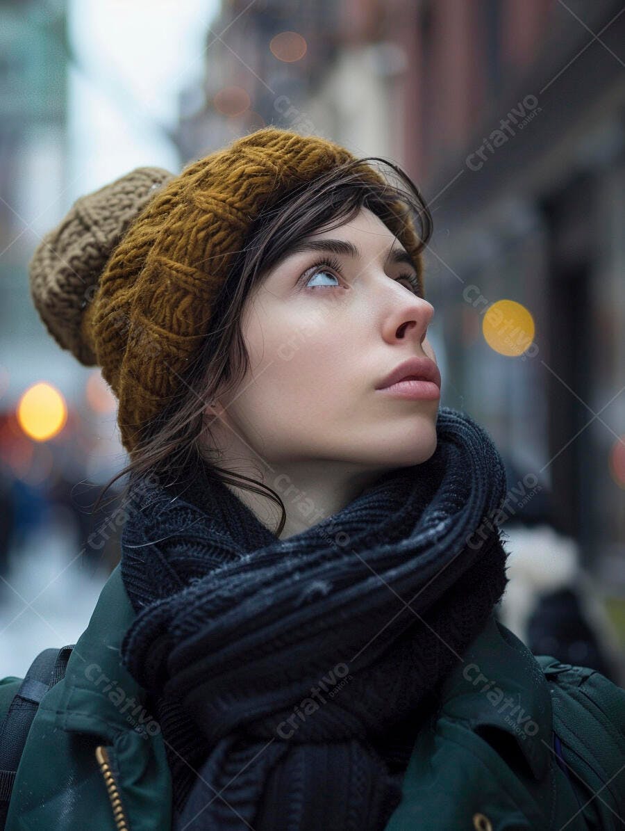 Mulher jovem olhando para cima em dia frio