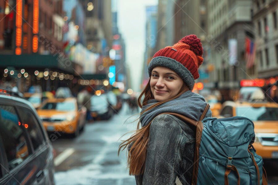 Moça sorrindo em rua de Nova York