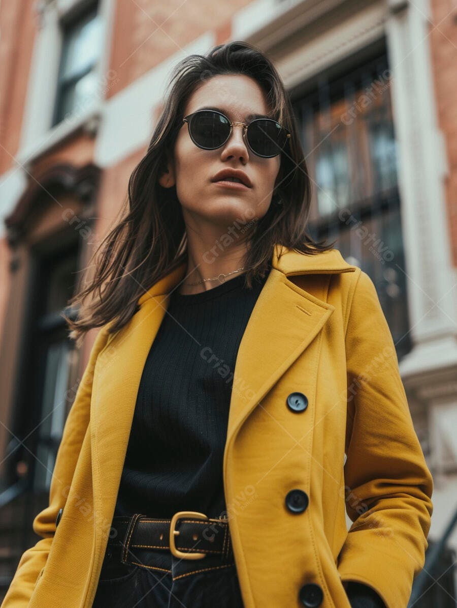 Mulher usando casaco amarelo em cidade