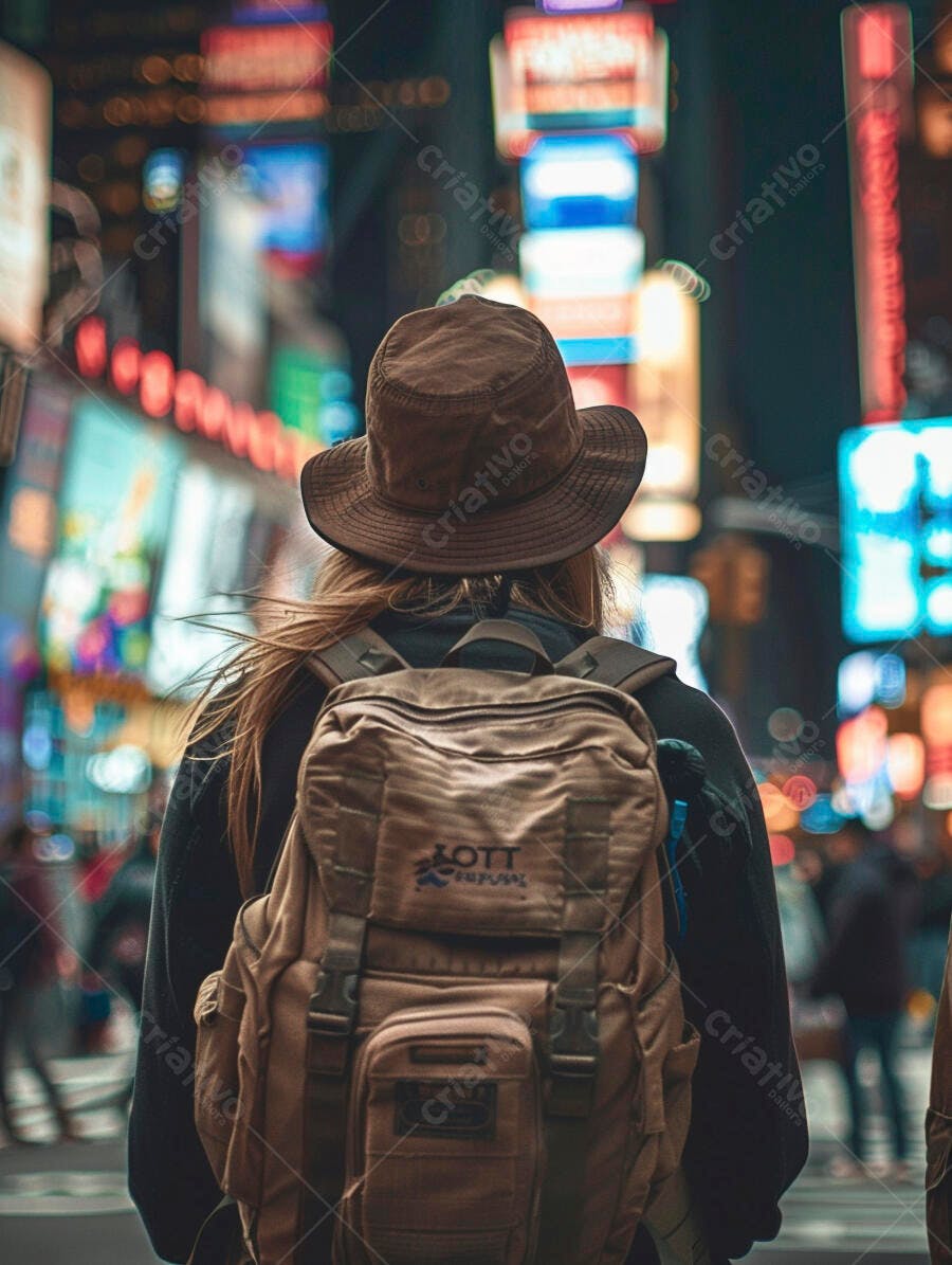 Mochila em Times Square à noite