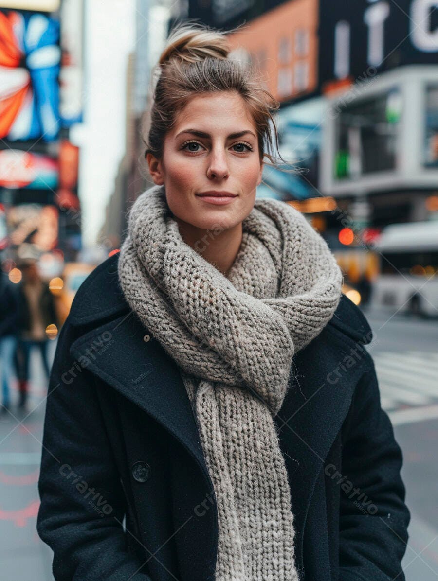 Mulher jovem em Times Square com cachecol cinza