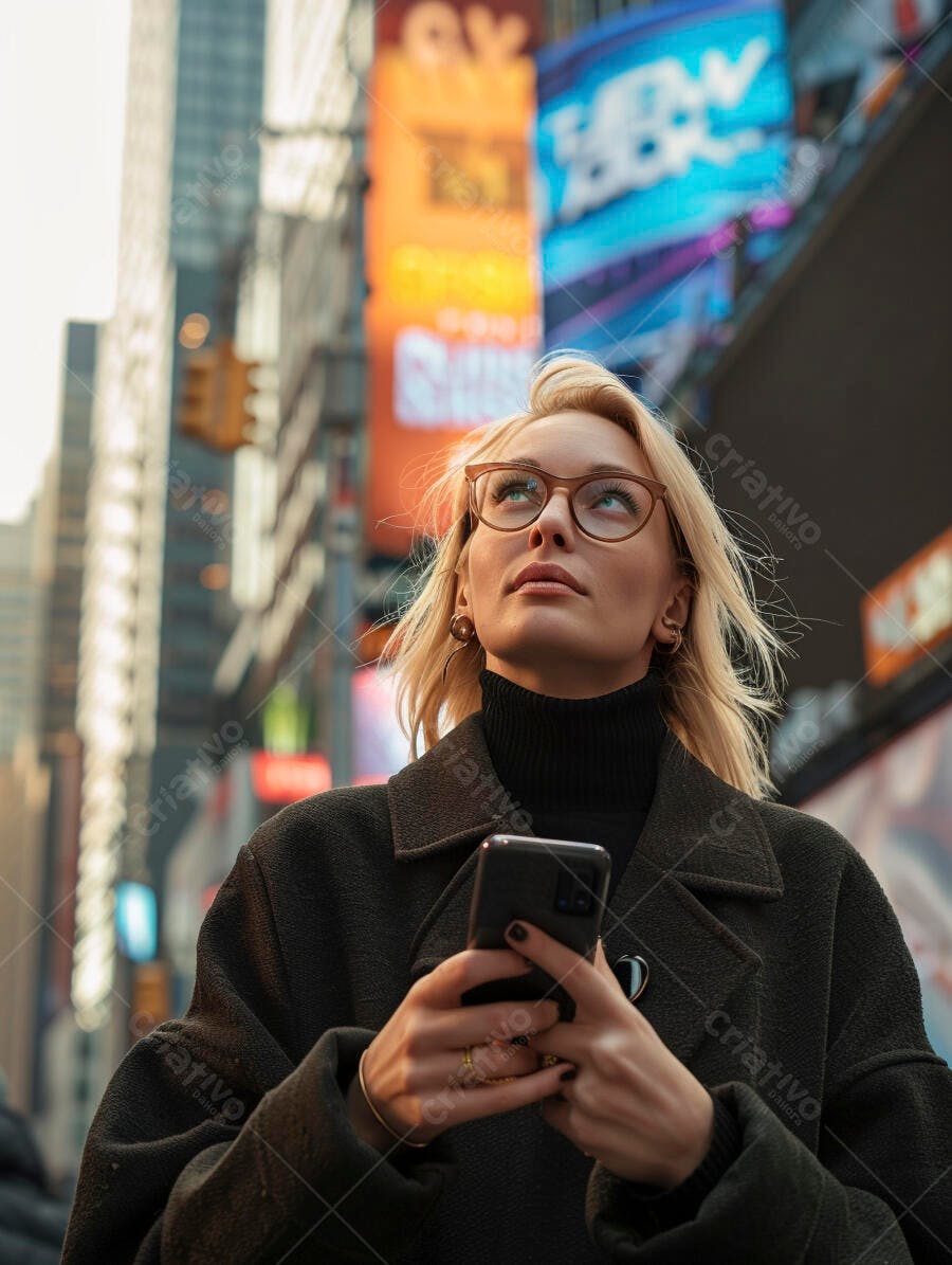 Mulher loira usando celular em Times Square