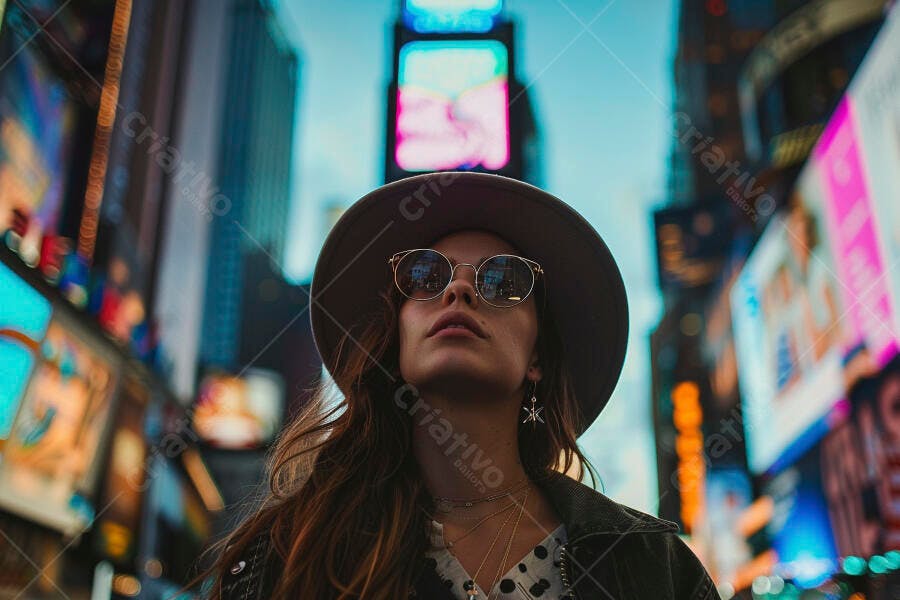 Mulher jovem em Times Square chapéu e óculos