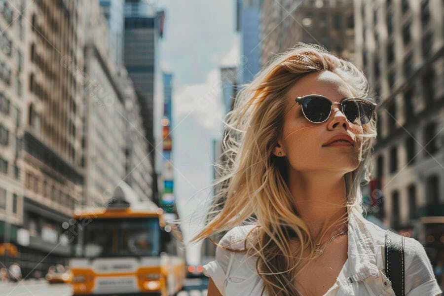Mulher loira em rua de Nova York