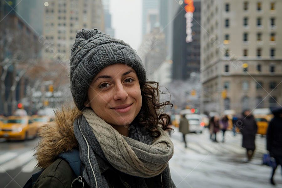 Mulher sorrindo em rua de Nova York no inverno