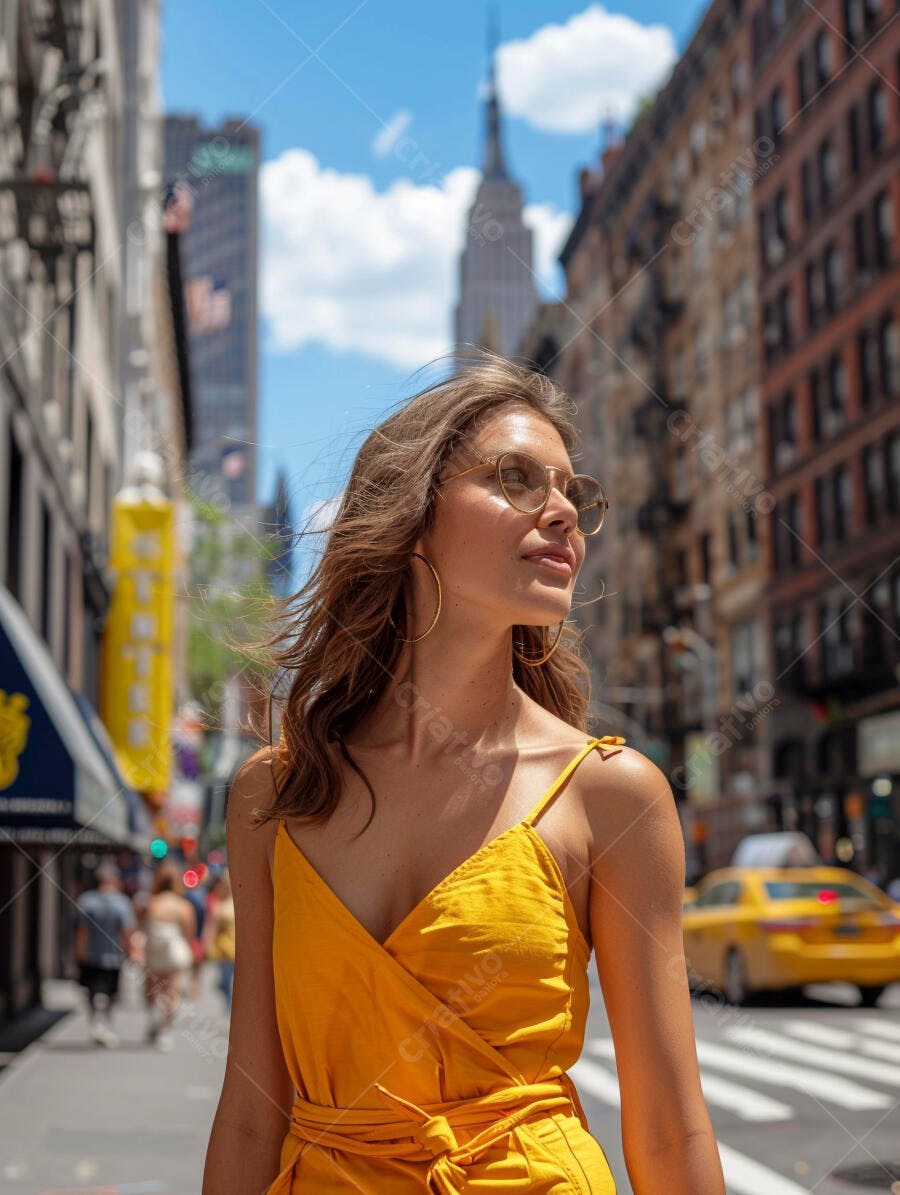 Mulher em vestido amarelo em rua de Nova York
