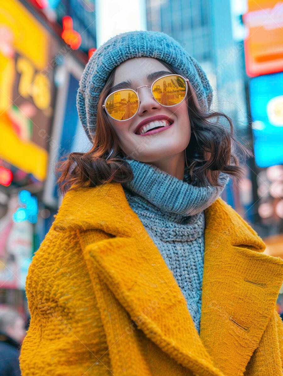 Mulher sorridente em casaco amarelo na Times Square