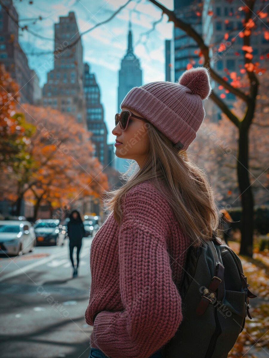 Mulher com gorro rosa em rua de Nova York