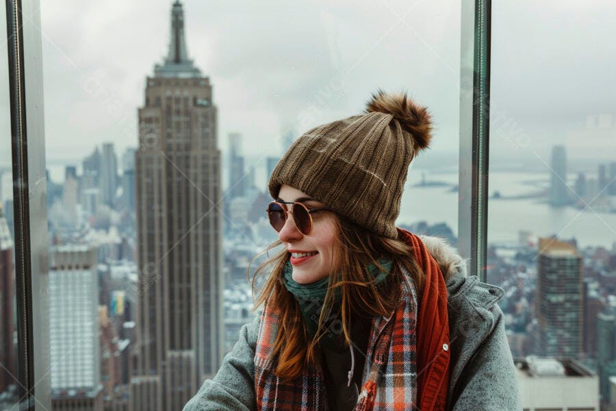 Mulher sorrindo em Nova York inverno