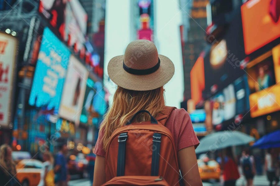 Mulher em Times Square com mochila e chapéu