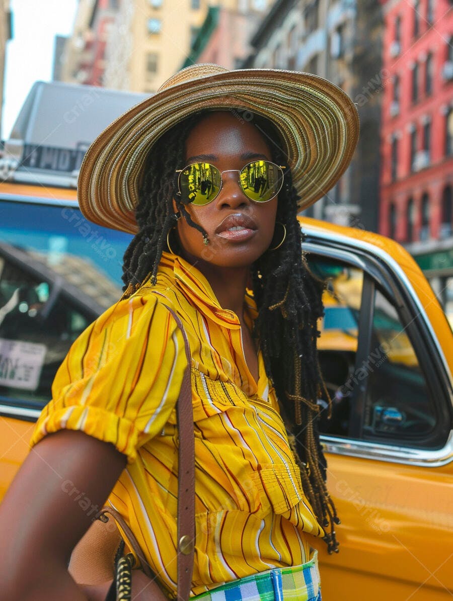 Mulher negra usando chapéu e óculos amarelos em NY