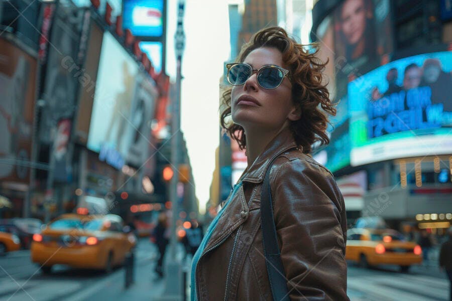 Mulher em jaqueta de couro na Times Square