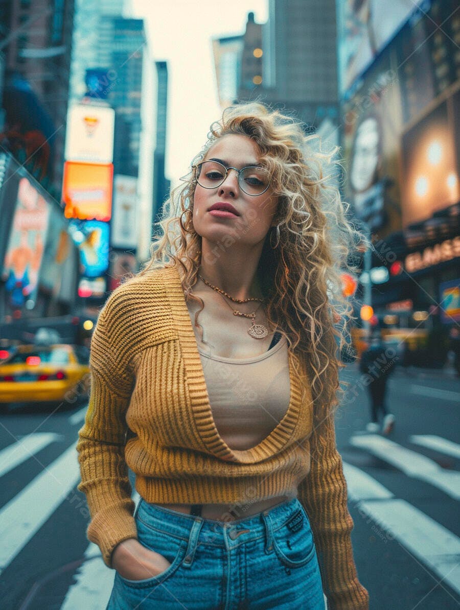 Mulher jovem em Times Square usando óculos