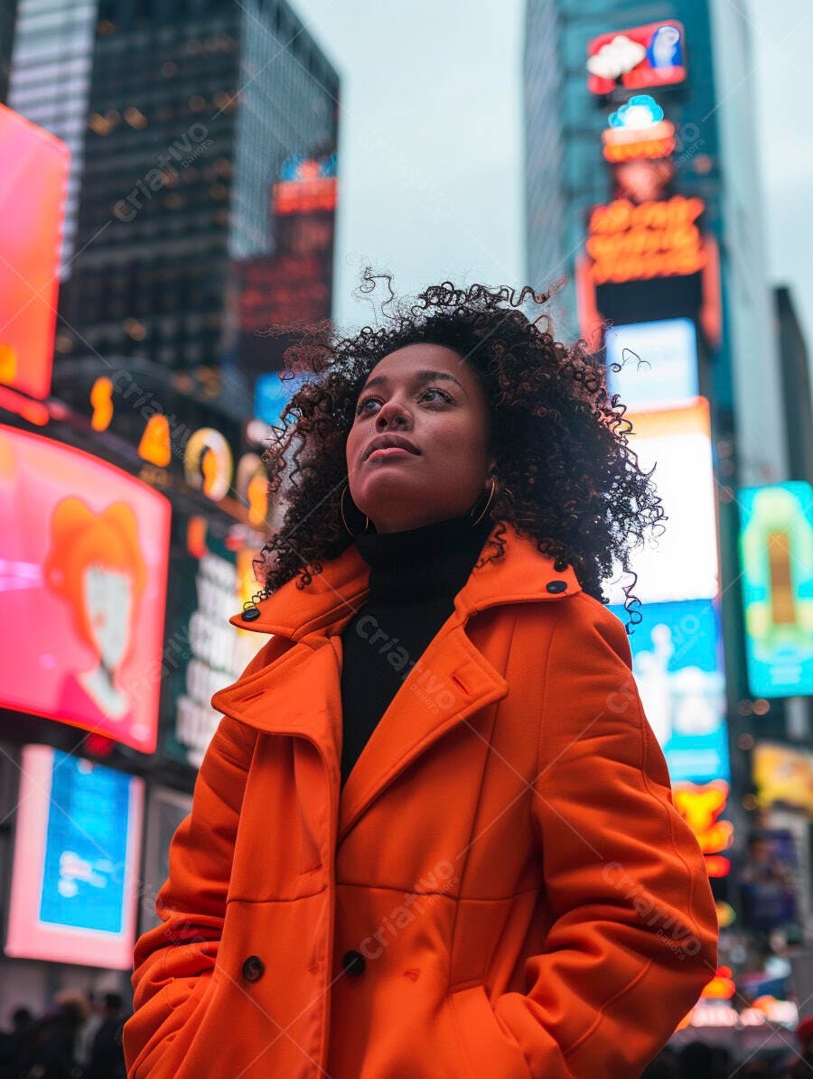 Mulher negra em casaco laranja na Times Square