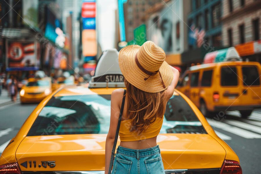 Mulher em Nova York com chapéu de palha