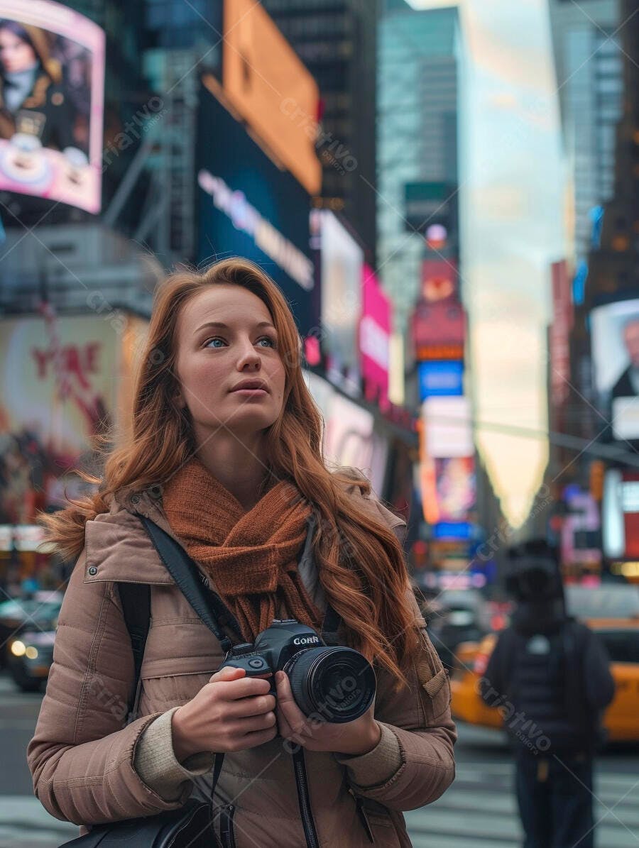 Fotógrafa em Times Square segurando câmera
