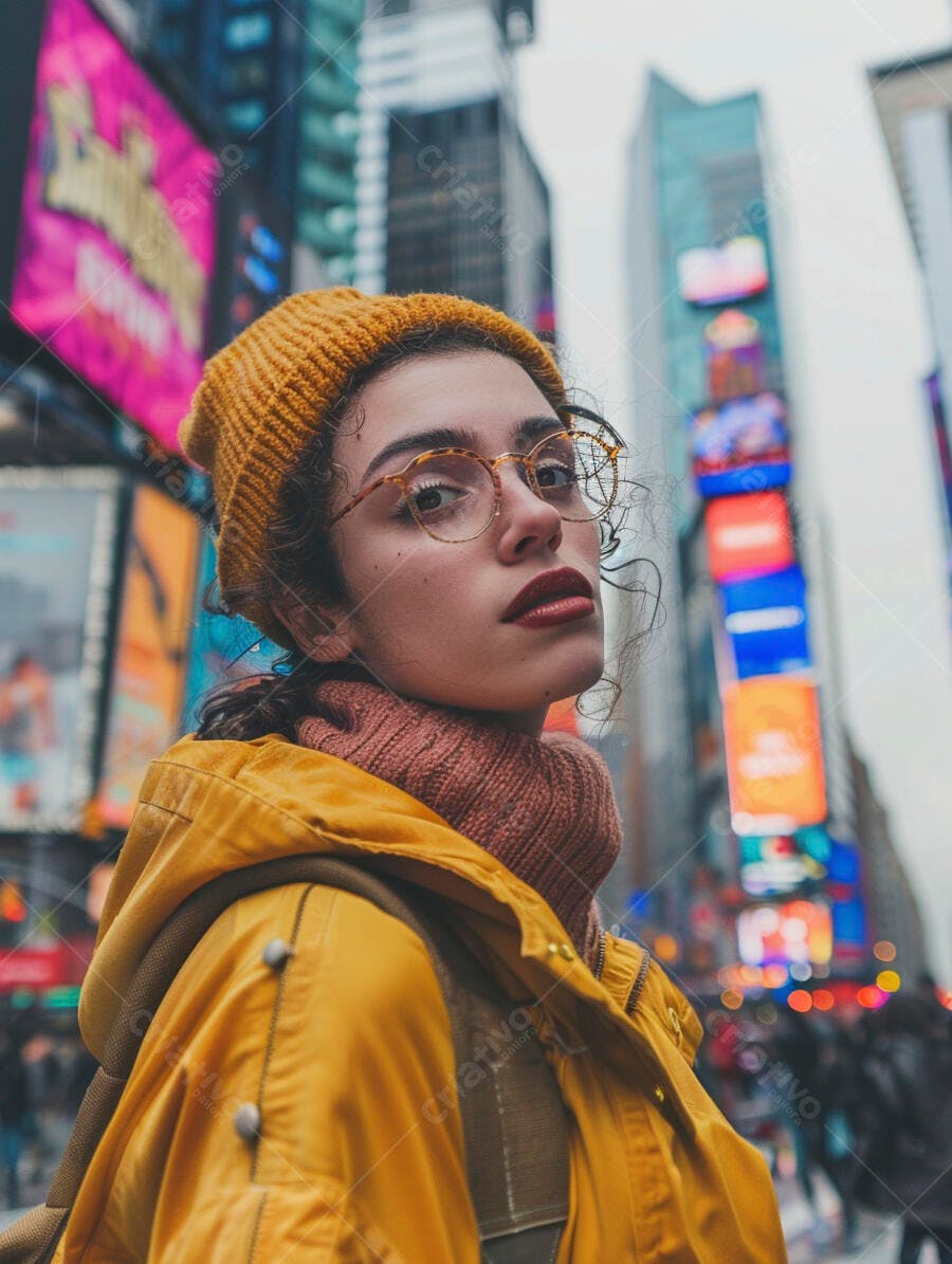 Mulher jovem em Times Square usando amarelo
