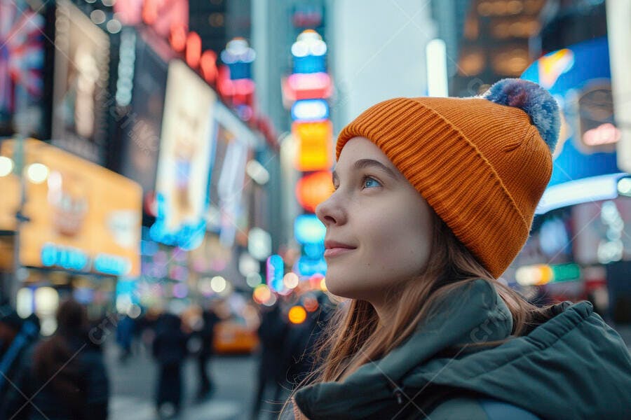 Adolescente em Times Square noite