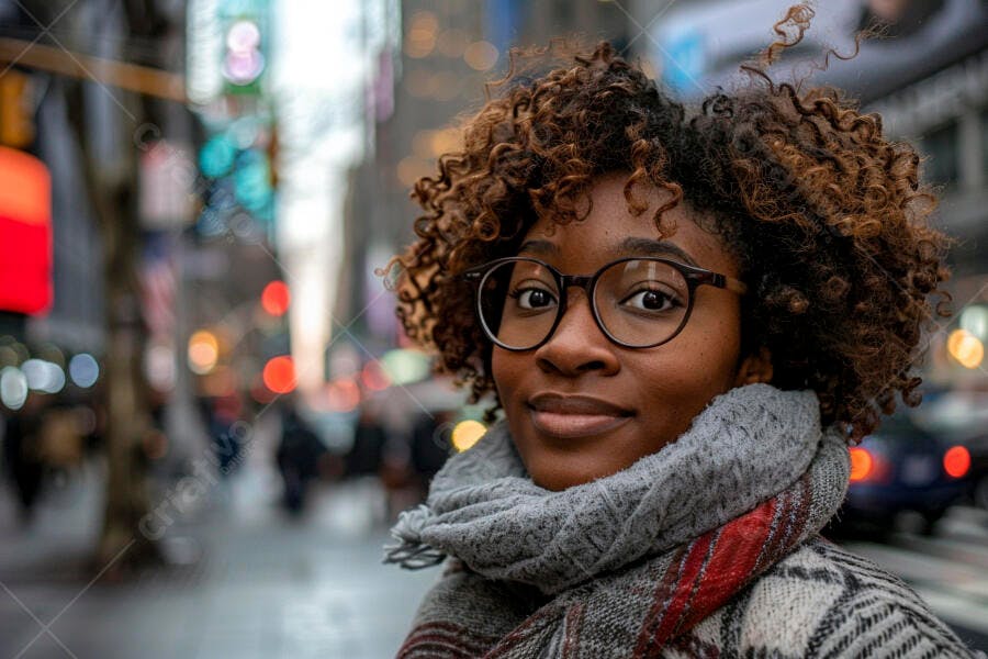 Mulher negra em rua de NY usando óculos