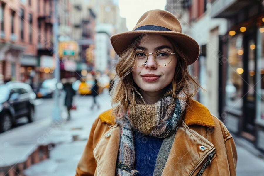 Mulher jovem estiloso em rua de Nova York