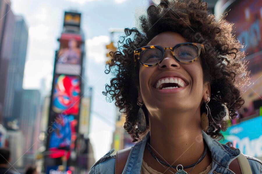Mulher negra feliz em Times Square