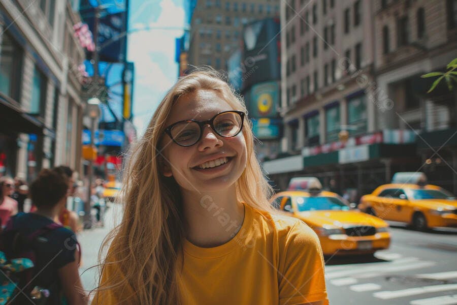 Moça sorridente em rua de NY