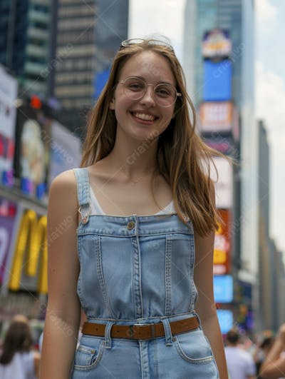 Mulher explorando Nova York entre as luzes vibrantes da cidade