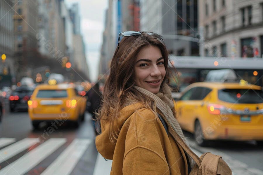 Mulher sorrindo em rua de Nova York
