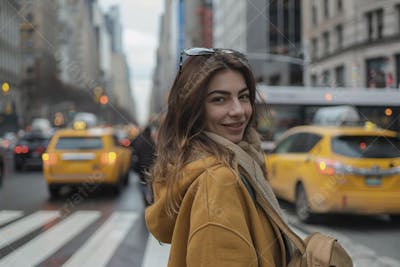 Mulher explorando Nova York entre as luzes vibrantes da cidade