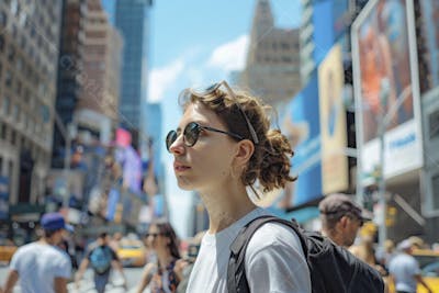 Mulher explorando Nova York entre as luzes vibrantes da cidade