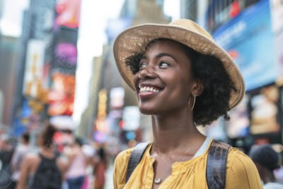 Mulher explorando Nova York entre as luzes vibrantes da cidade