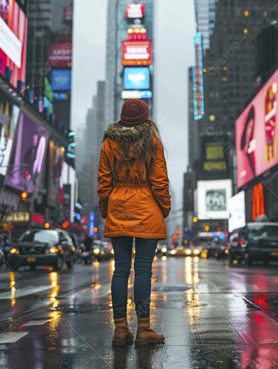 Mulher explorando Nova York entre as luzes vibrantes da cidade