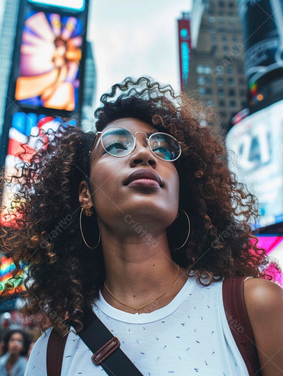 Mulher negra em Times Square óculos