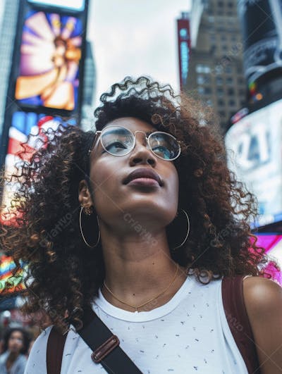 Mulher explorando Nova York entre as luzes vibrantes da cidade