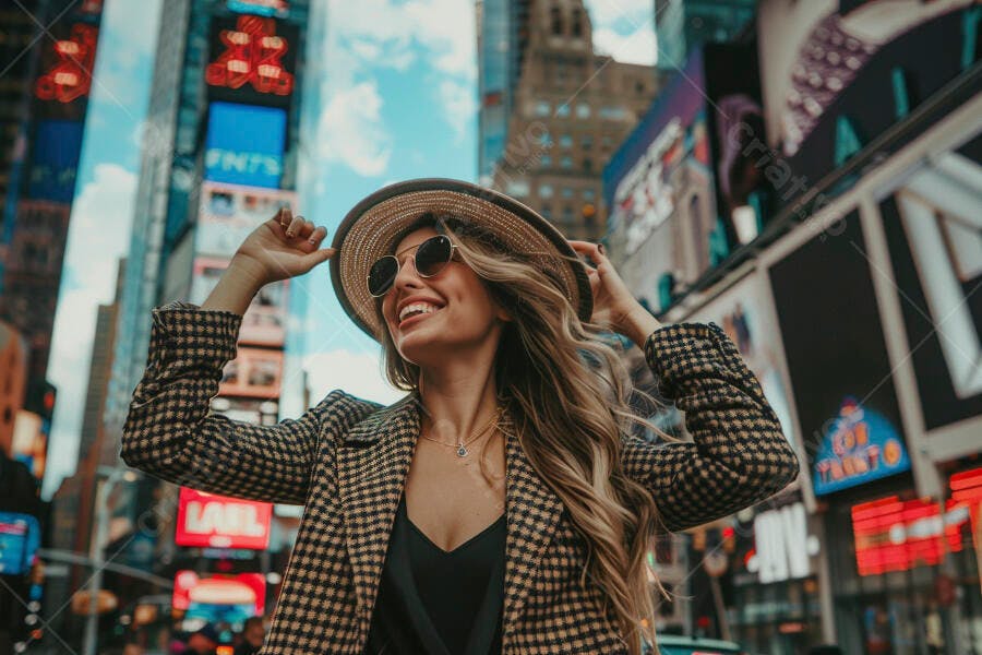Mulher sorridente em Times Square chapéu e óculos