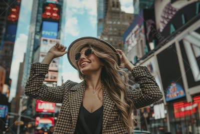 Mulher explorando Nova York entre as luzes vibrantes da cidade