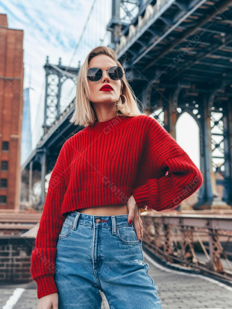 Modelo usando suéter vermelho e jeans em NYC
