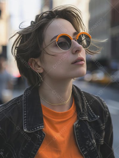 Mulher explorando Nova York entre as luzes vibrantes da cidade