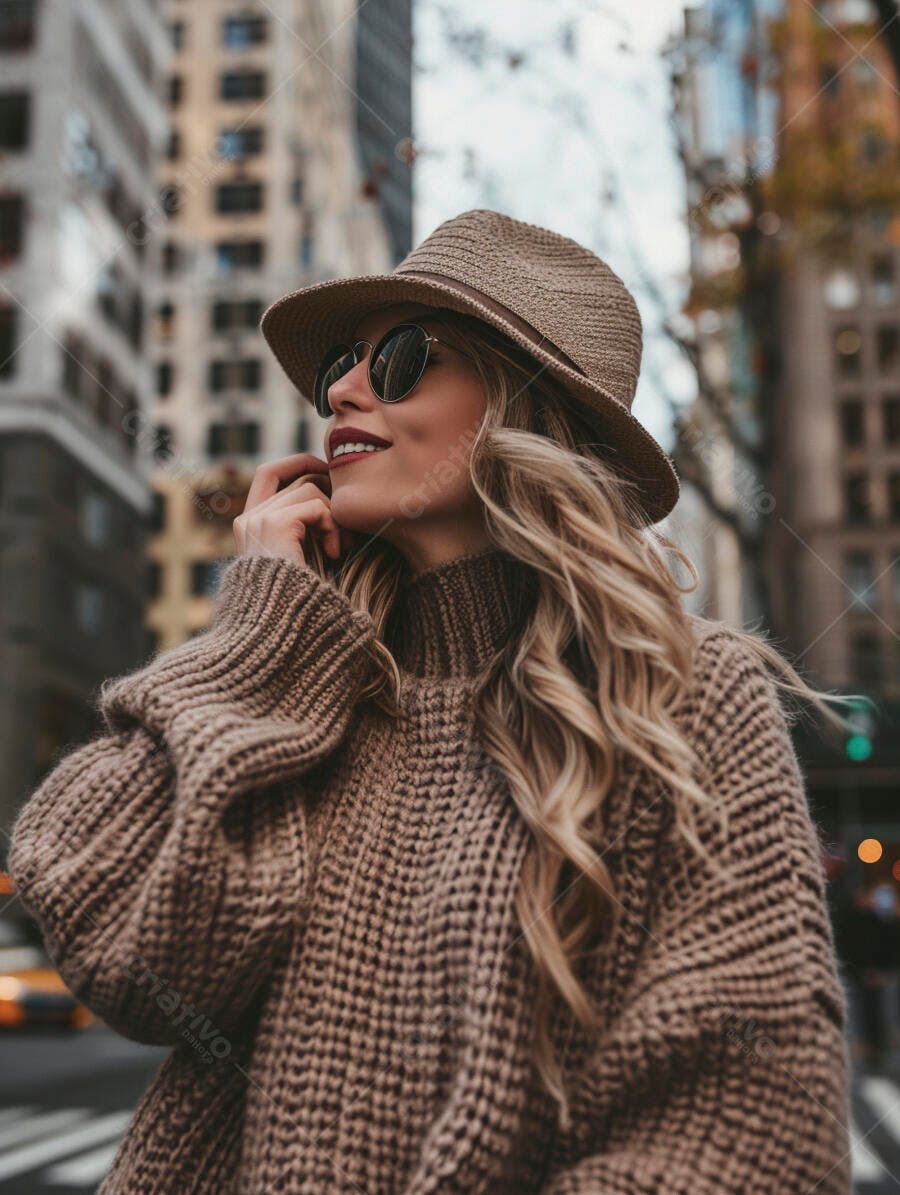 Mulher elegante em suéter bege em Nova York
