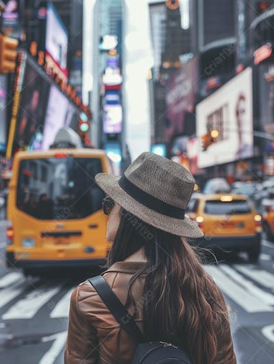Mulher explorando Nova York entre as luzes vibrantes da cidade