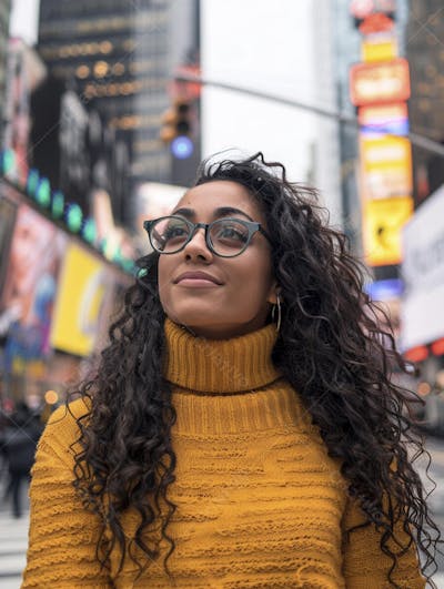 Mulher explorando Nova York entre as luzes vibrantes da cidade